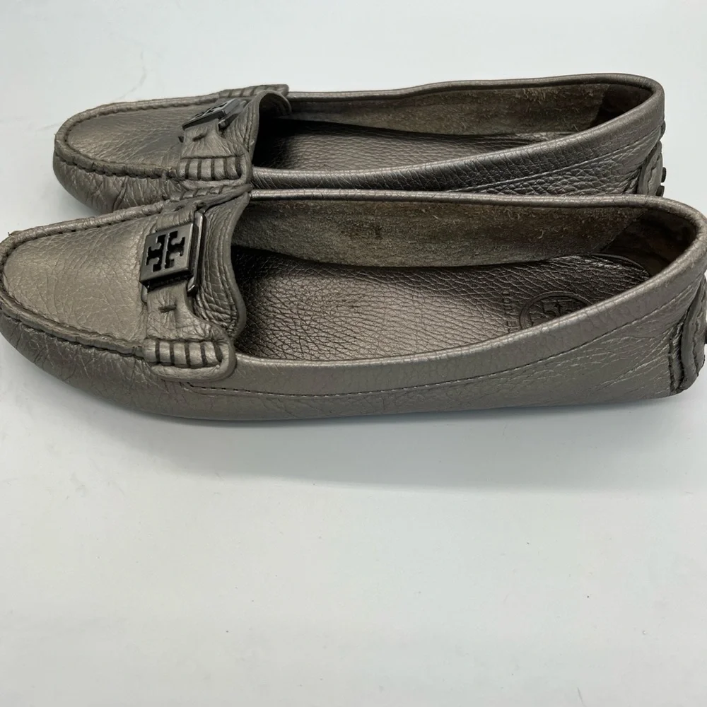 Tory Burch Metallic Pewter Leather Driving Loafers